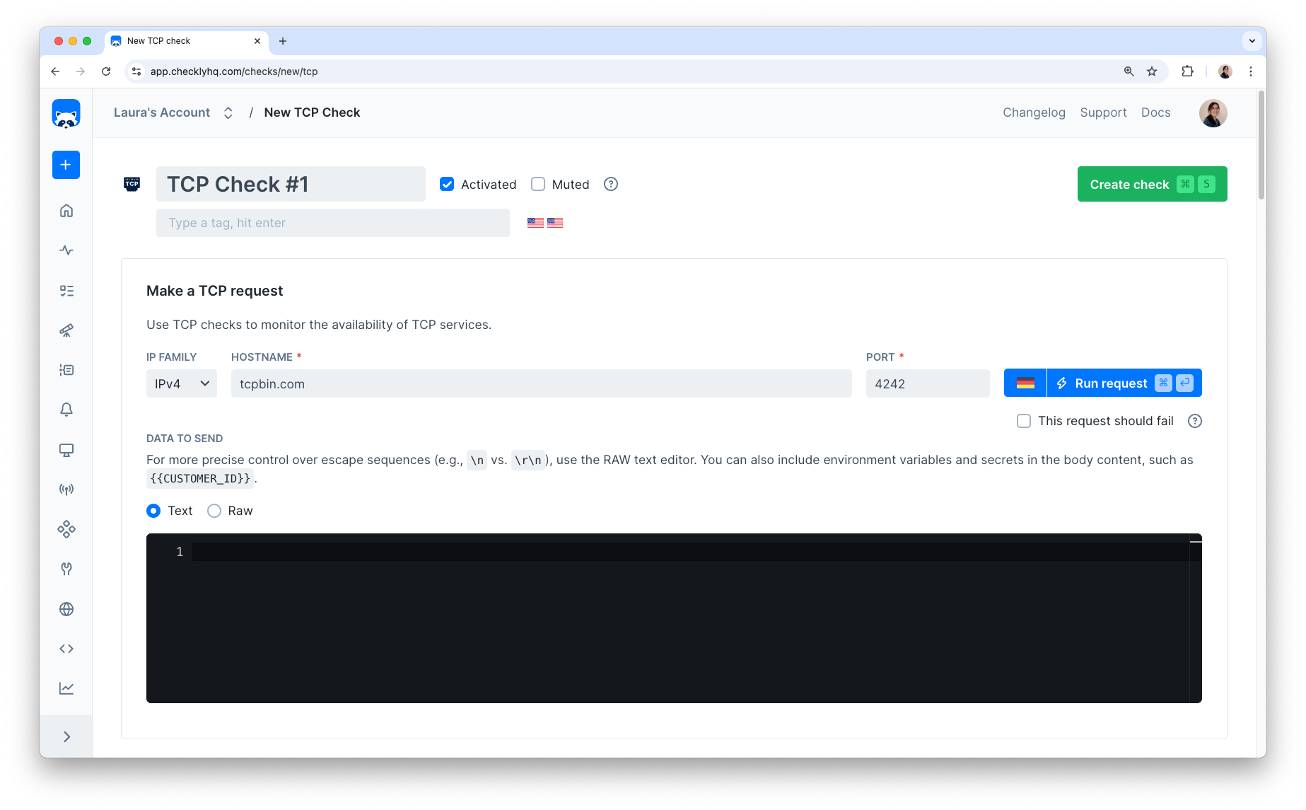 Screenshot of the TCP check create page