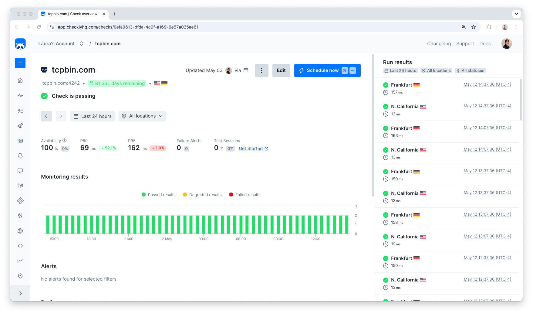 Screenshot of the TCP check overview page