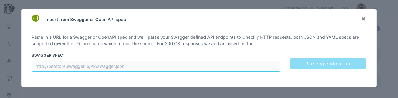 screenshot of checkly check api creation openapi import dialog